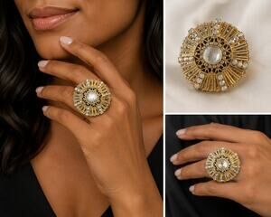 Vintage Gold Rhinestone Statement Cocktail Ring Oversized Round